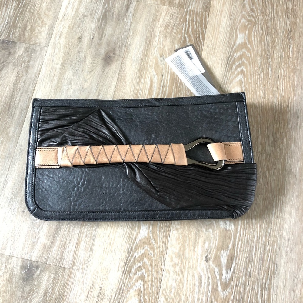 Halston Heritage Clutch Black Leather New NWT oversized zip elegant large!